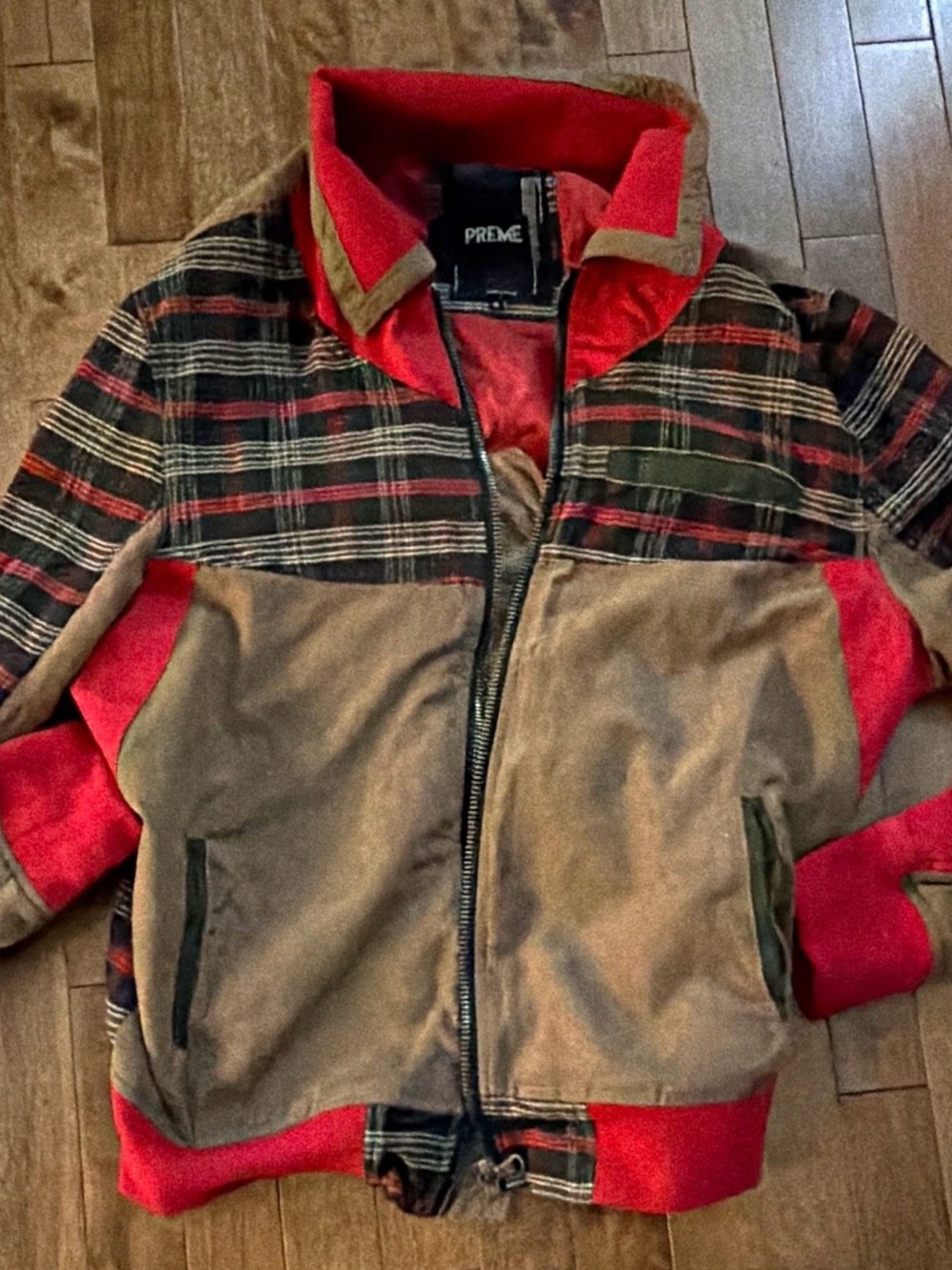 Vintage PREME Plaid & Suede Bomber Jacket in Red and Brown